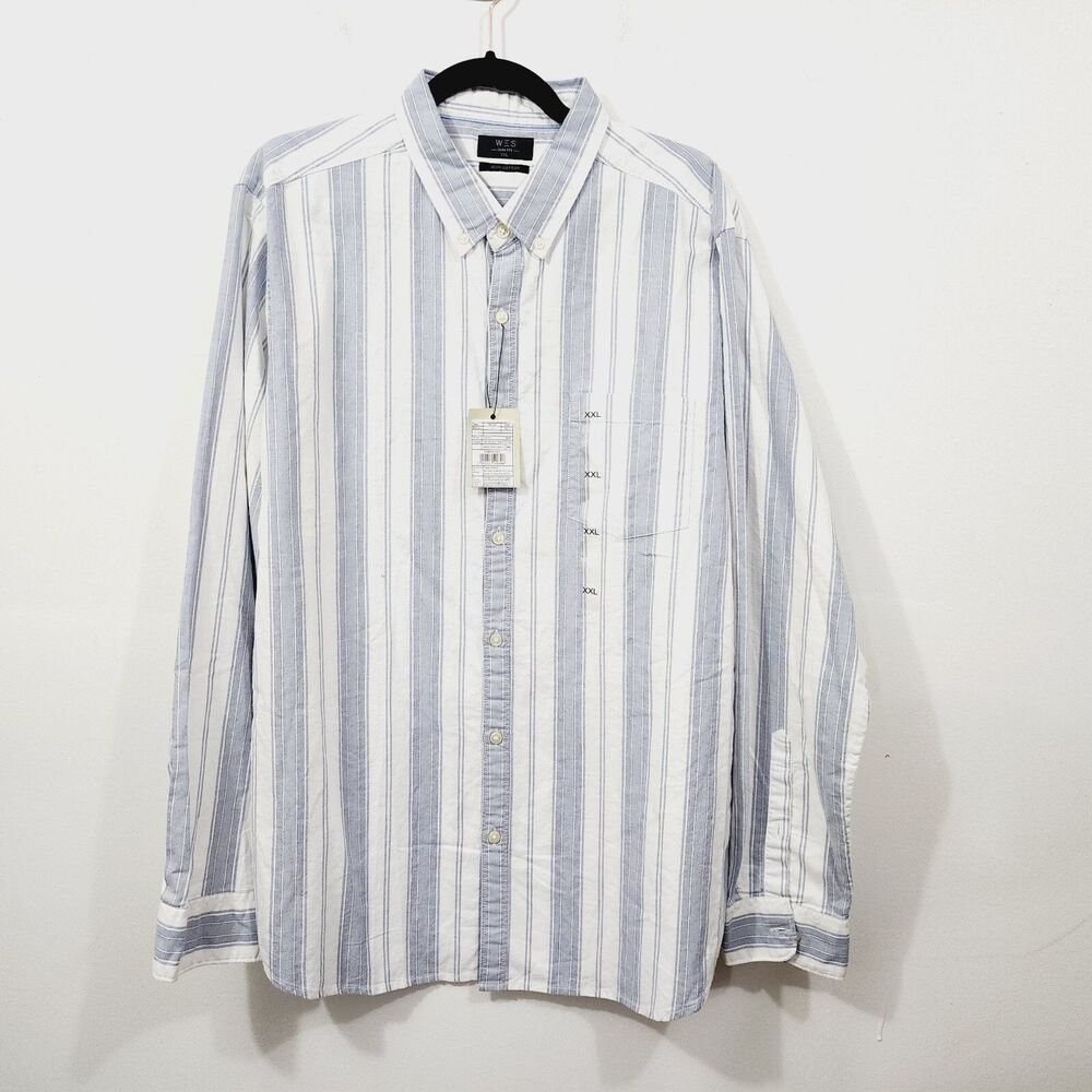 NEW WES By Westside Men's Slim Fit Shirt Button Down Shirt White Blue Stripe XXL